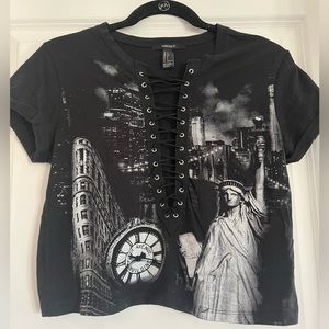 Black Graphic Cropped T-shirt with Laced V-neck